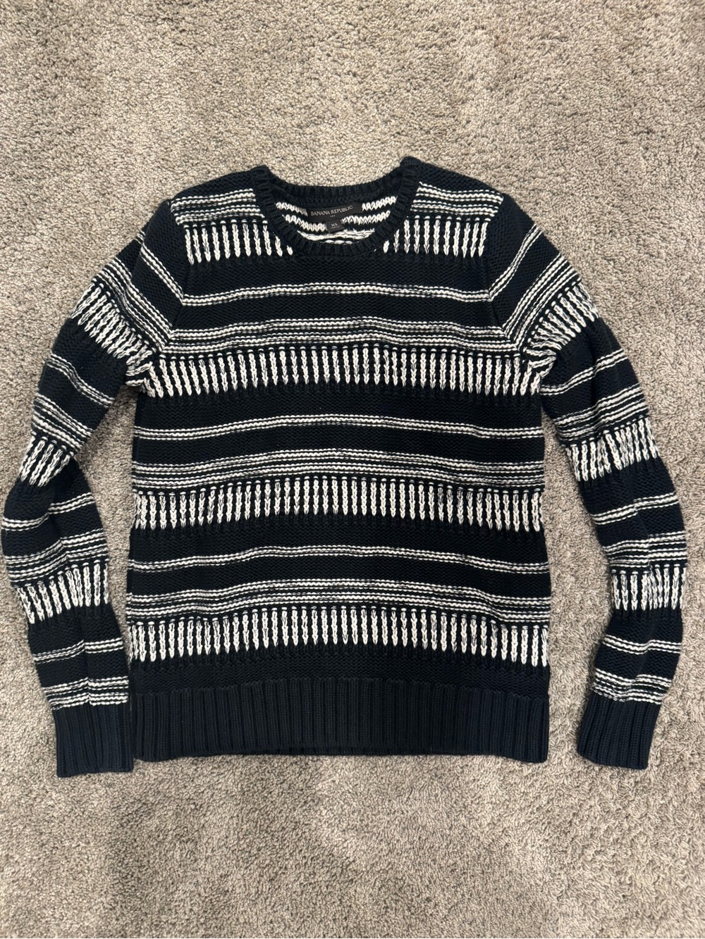 Banana Republic Cotton Sweater Striped Black Knit Thick Crew Neck Womens Size XS
